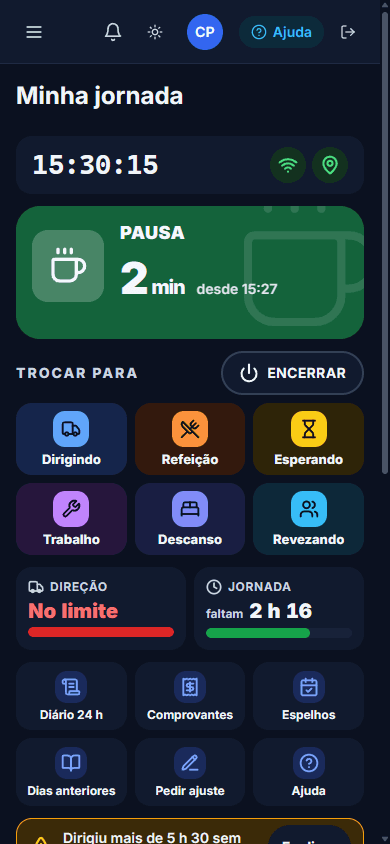 Tela Minha jornada no celular, no tema escuro: relógio, atividade atual em pausa, botões para trocar de atividade, limites de direção e jornada e atalhos do diário, comprovantes, espelhos e pedido de ajuste.